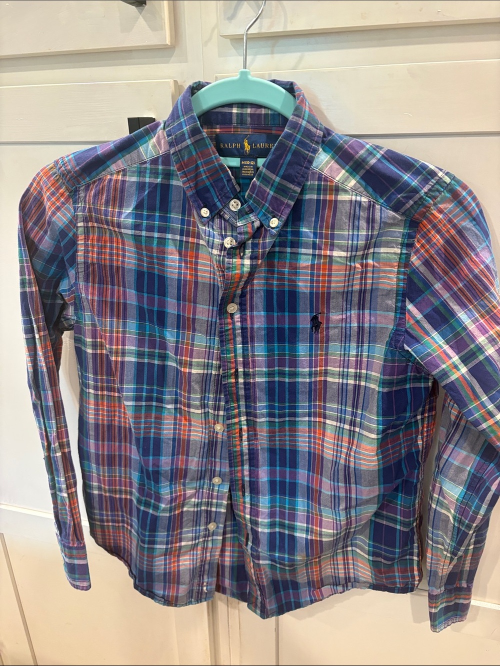 Ralph Lauren Plaid Button-Down Shirt in Blue, Purple & Teal with Orange Accents